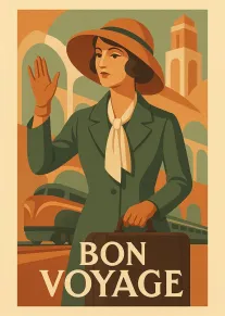 Vintage woman waves goodbye beside a train, carrying a suitcase with Bon Voyage text below.