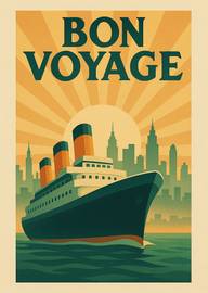 Vintage Bon Voyage Card with Ocean Liner and City Skyline