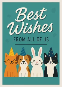 Smiling party-hat cat, dog, rabbit and black cat share a Best Wishes card for everyone today.