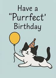 Cute Cat Wearing Party Hat Holding Balloon Birthday Card