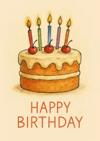 Watercolor birthday cake with candles and cherries above happy birthday text on cream background card.