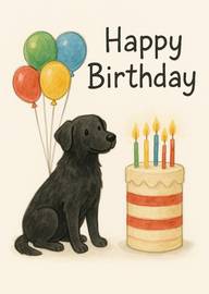 Cute black dog with birthday cake and colorful balloons