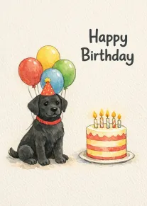 Cute black puppy wearing a party hat sits beside balloons and a birthday cake illustration.