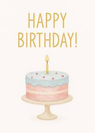 Watercolor Birthday Cake with Single Candle and Happy Birthday Text