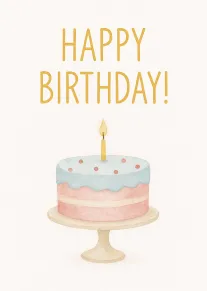 Pastel birthday cake with candle beneath Happy Birthday text on a soft white card background.