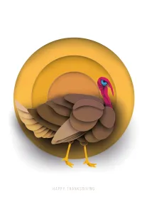 Stylized turkey in front of a golden circle with Happy Thanksgiving text below on white.
