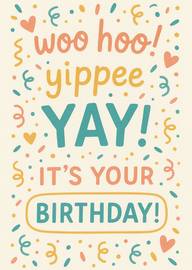 Bright and cheerful birthday card with colorful confetti and celebratory text