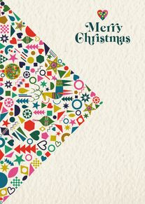Colourful geometric Christmas tree with hearts, stars and Merry Christmas text on cream patterned background.