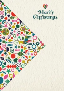 Colourful geometric Christmas tree with hearts, stars and Merry Christmas text on cream patterned background.