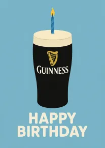 A Guinness pint glass with a candle above Happy Birthday text on a blue background.