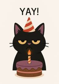 Grumpy Black Cat Wearing Party Hat with Birthday Cake