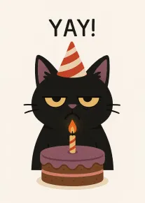 Black cat wearing a party hat sits behind a birthday cake with a lit candle.