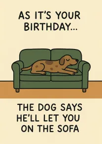 A cartoon dog lounges on a green sofa beneath cheeky birthday text about the sofa.