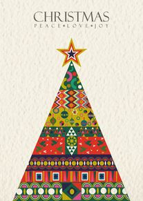 Colorful geometric Christmas tree with star topper and peace love joy text on cream background.