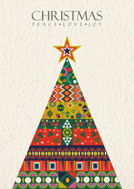 Colorful Patterned Christmas Tree with Star and Peace Love Joy