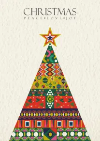 Colorful geometric Christmas tree with star topper and peace love joy text on cream background.