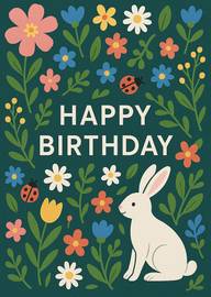 Cute white rabbit with colorful flowers and ladybugs birthday card