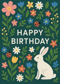 White bunny sits among colorful flowers and ladybugs beneath Happy Birthday text on teal background.