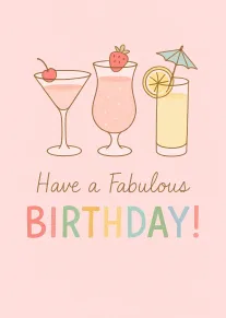 Three pastel cocktails with garnishes and Have a Fabulous Birthday text on a pink background.