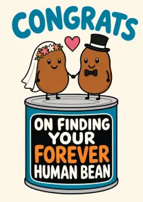 Cute bean bride and groom with heart and congratulatory wording on a wedding-style can design.