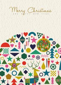 Colourful geometric Christmas card with Merry Christmas and Happy New Year text and festive shapes.