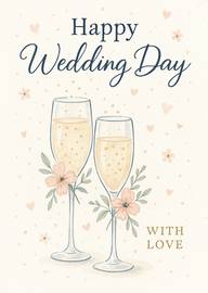 Elegant Wedding Day Card with Champagne Glasses and Flowers