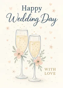 Two champagne flutes with flowers and hearts beneath Happy Wedding Day With Love text card.