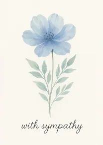Soft blue watercolor flower with green leaves and sympathy text on a cream background below.