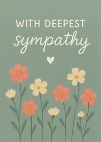 Soft green sympathy card with pastel flowers, a heart icon, and with deepest sympathy wording.