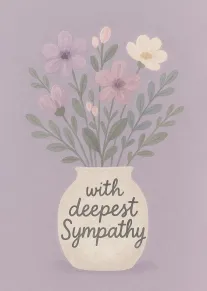 Pastel flowers in a vase with the words with deepest sympathy on a lavender background