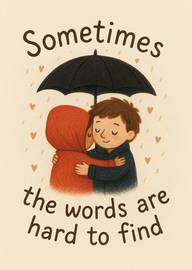 Cute couple hugging under umbrella with heartfelt message