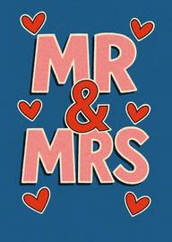 Bold Mr and Mrs Text with Red Hearts on Blue Background