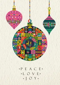 Three colorful hanging ornaments display Peace Love Joy in a decorative holiday design.