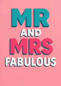 Pink card with bold teal and white Mr and Mrs Fabulous text in retro style.
