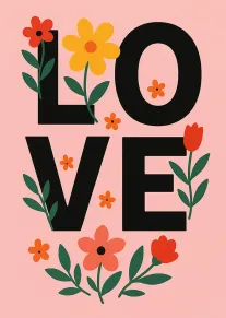 Black LOVE letters on pink background with colorful flowers and green leaves in playful style.