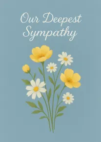 Blue sympathy card with yellow and white flowers and the message Our Deepest Sympathy shown.