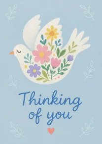 A white dove filled with flowers floats over a soft blue Thinking of you background.