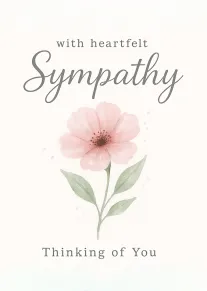Pink watercolor flower with heartfelt sympathy and thinking of you text on a soft background.