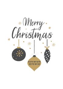 Merry Christmas card with gold and grey hanging ornaments and elegant script.