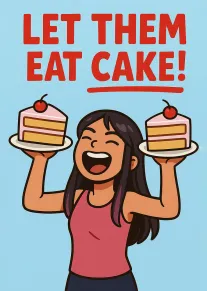 Smiling woman holding two cake slices beneath Let Them Eat Cake text on blue background.