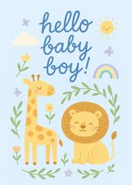 Cute baby boy card with giraffe lion and nature elements
