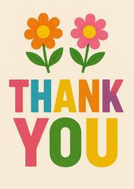 Bright colorful thank you card with two cheerful flowers