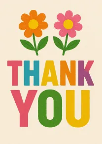 Two retro flowers above colourful block letters spelling thank you on a cream background card.