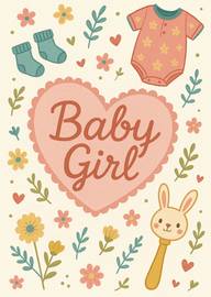 Cute Baby Girl Card with Heart, Bunny Rattle, and Floral Design