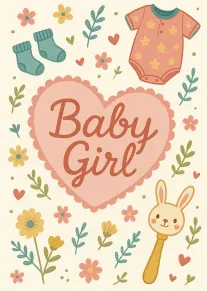 Pastel baby girl card with heart, flowers, onesie, socks, and bunny rattle on cream background.