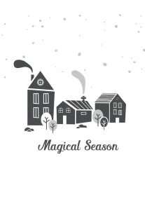 Snowy village houses with smoke and falling dots above the words Magical Season in script.