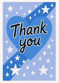 Blue heart thank you card with stars and bold text