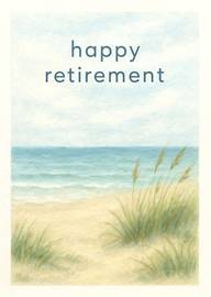 Serene Beach Scene with Happy Retirement Text