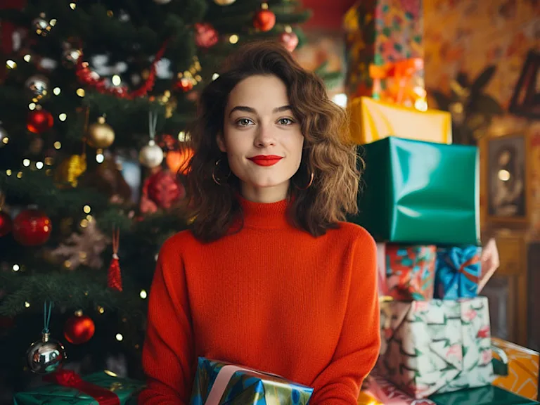Woman holding a gift celebrating Christmas