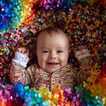 A baby surrounded by rainbow confetti